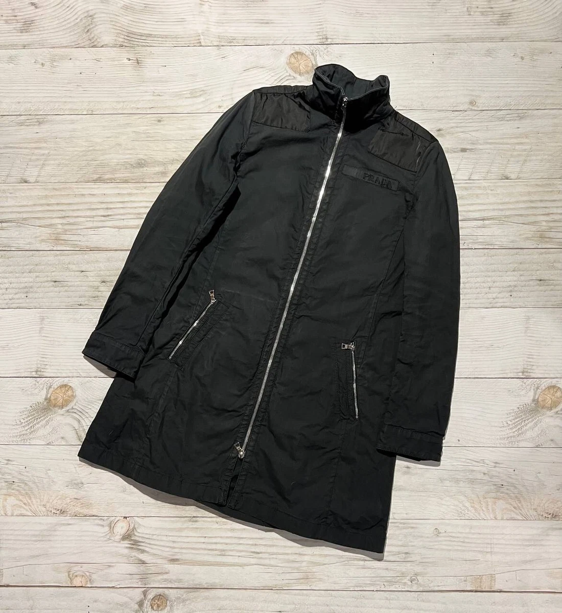 Vintage Prada Luxury Trench Coat Jacket Black Logo 00s Y2K Man Size M