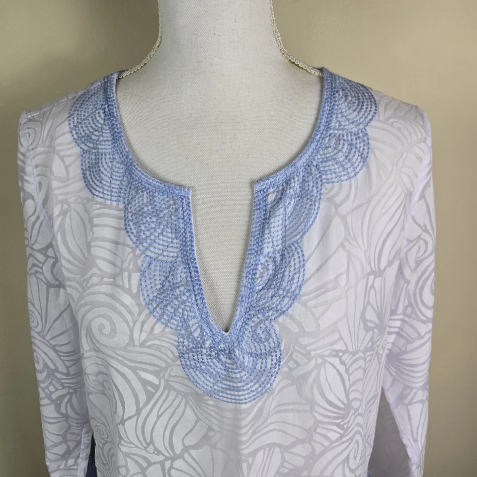 Vineyard Vines Mujer Cubre XS Blanco Azul Nautulis Estampado Concha Playa Piscina Foto 2 de 4