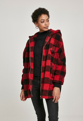 URBAN CLASSICS Giacca Giubbotto Sherpa donna oversize a quadri con  cappuccio | eBay