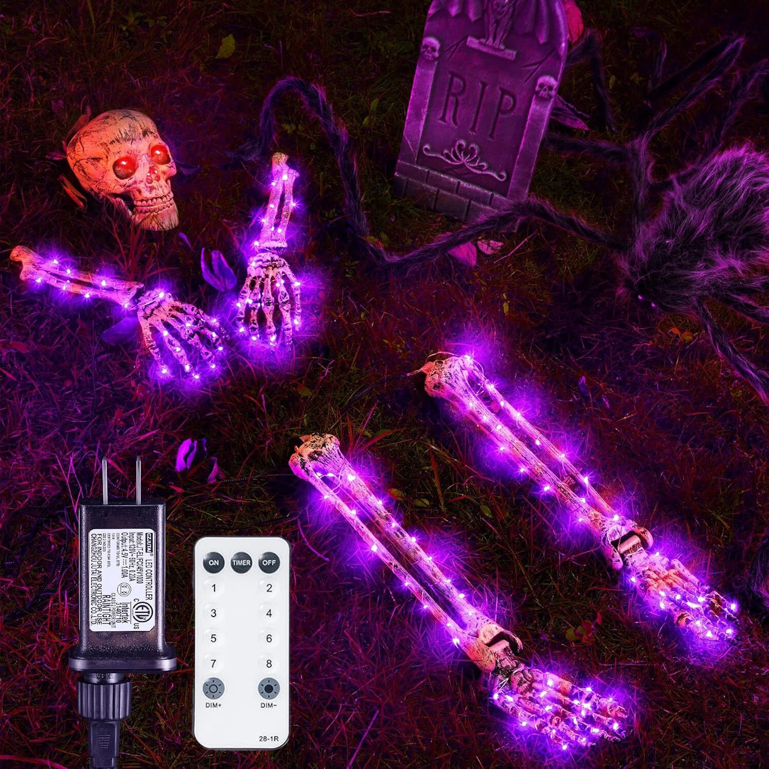 Halloween Yard Decoration Lighted Skeleton Arm Stakes LED Lights Realistic Skull