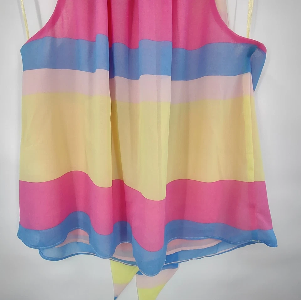 1 State Top Feminino Grande Multicolorido Listrado Chiffon Laço Traseiro Fechadura Gola Alta - Imagem 4 de 4