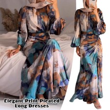 Elegant Printed Drawstring Long Dresses Women Long Sleeve Party Dress Slim Robe