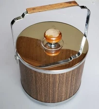 Atapco ice bucket faux wood grain chrome metal handle 6-3/8" tall clean USA vtg