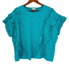 True Luxe Jeans Top Women L Turquoise Cotton Eyelet Ruffle Boho Cottage NWT
