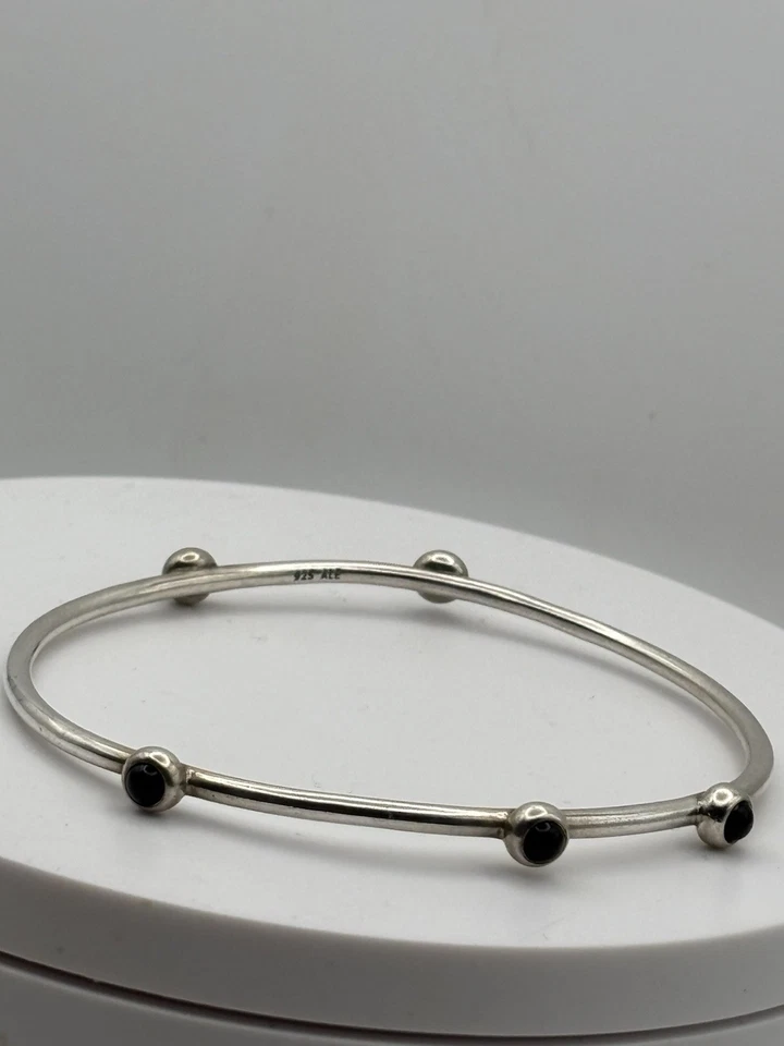 Pandora Retired Sterling Silver Bangle 5 Onyx Cabochons Size 8 Very Rare - Image 2 of 4