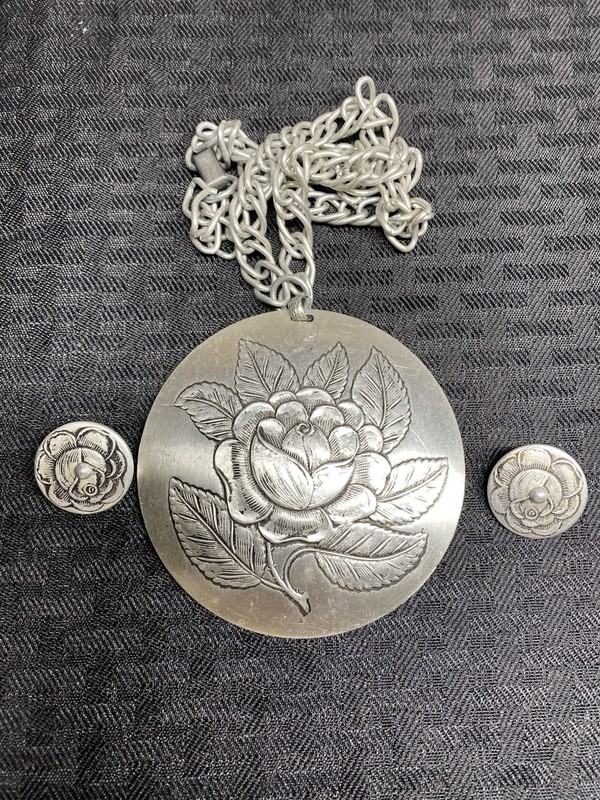 Rose Medallion Style Pendant/earrings West Germany(?) Large Pendant Vintage 18” 
