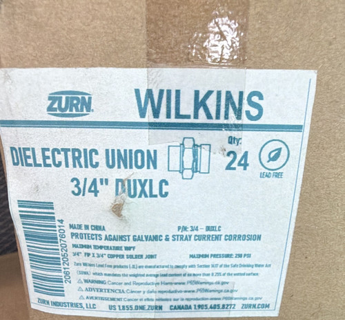 QTY 24: Zurn Wilkins DUXLC 3/4 in Dielectric Union Brass FNPT x FNPT