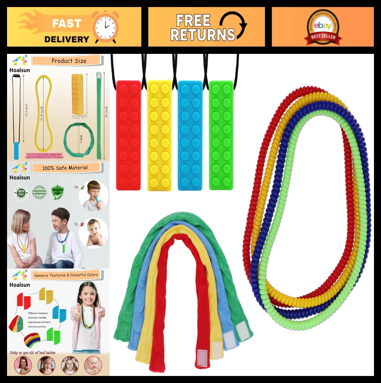 12 Pack Sensory Chew Necklaces - Stretchy Chewy Toys for Autism, ADHD, Teething,