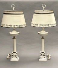 Pair Vintage White and Black Tole Lamps With Tole Shades Hollywood Regency