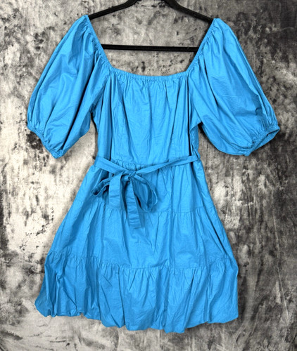 Sim & Sam XL Blue Cotton Dress Puff Sleeve Cottagecore Bubble Hem Lined