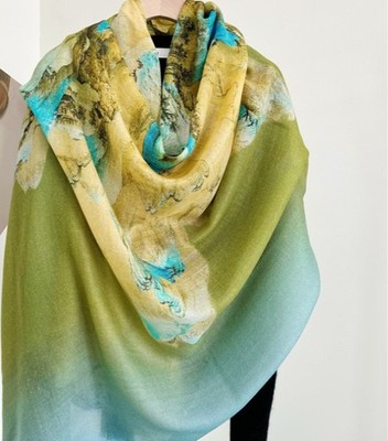 Pure Cashmere Silk Bandanna Scarf Wrap blue flower Print Square Shawl 200X100cm