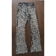 Zara Flare Sequin Pants Women s XS Moss Green Silver Sparkly Party