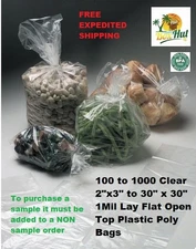 3x3 to 18x30 LDPE Clear 1-Mil Lay Flat FDA Clear Open Top End Plastic Poly Bags