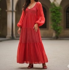 Vintage Long Maxi Dress Tiered Empire Waist Plunge Neckline Red Polka Dot