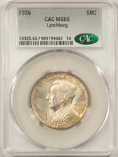 1936 LYNCHBURG COMMEMORATIVE HALF DOLLAR - CACG MS-65, ATTRACTIVE, PQ & CAC!