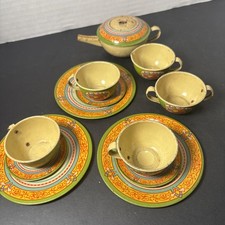 12 pc Vintage Tin Childs Metal Toy Dishes Tea Set DA18