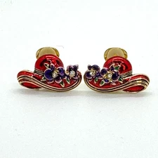 Vintage Red Hat Society Ladies Enamel Clip On Earrings Gold Metal Purple Flowers