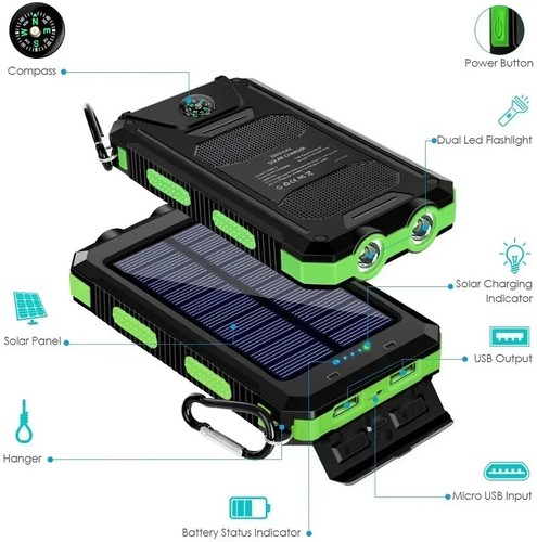 Solar Power Bank 20000mAh Waterproof Fast Charger w/ LED Light SOS Outdoor. - Zdjęcie 5 z 11