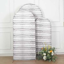 3 WHITEWASHED Fitted Spandex Round Top Arch STAND COVERS Set Wooden Design Party