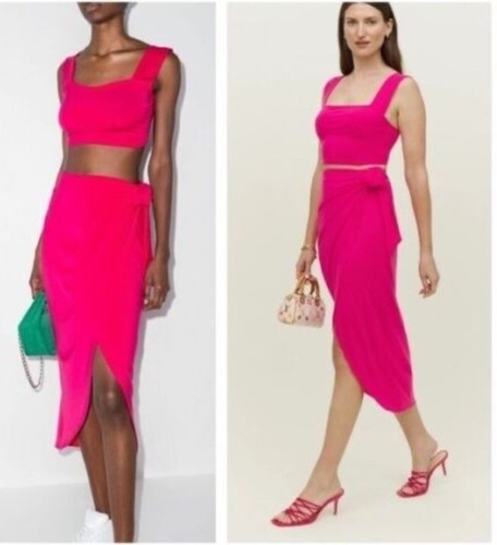 Reformation Rika Two-Piece Crop Top & Wrap Skirt Set in Corvette Pink Large New - Picture 3 of 8