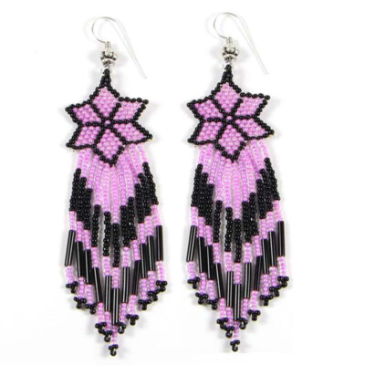 Handmade Beaded Pink Seed Bead Flower drop dangle Earrings