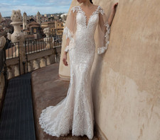 Elegant Mermaid Wedding Dresses Flare Sleeve Illusion Lace Applique Bridal Gowns