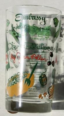Jean Allen Embassy Imported Spanish Olives Shrimp Salad Recipe Glass Vintage +