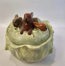 1968, Holland Mold Signed Ceramic, Covered Bowl Vintage Bunnies Cabbage Rabbits