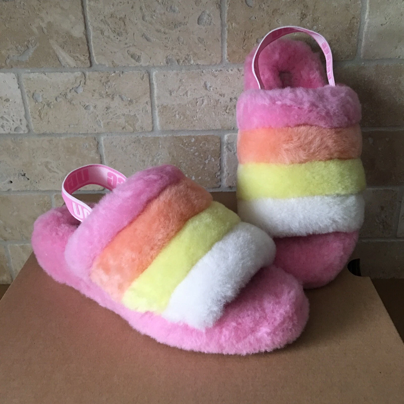 UGG YEAH SACHET PINK MULTI SLIDE FUR SLINGBACK SHOES SLIPPERS SIZE US 7 WOMEN