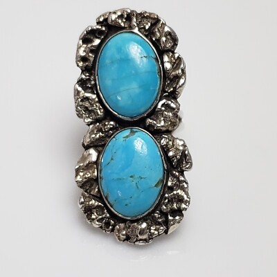 GQ2583◇Navajo : R.TOM STERLING SILVER Navajo Signed Ronald Tom Sterling Silver Double Turquoise Large