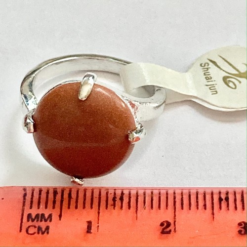 Vintage Goldstone Semiprecious Ring Silver Plated Size 6 7 Brown Copper Stone - Picture 10 of 10