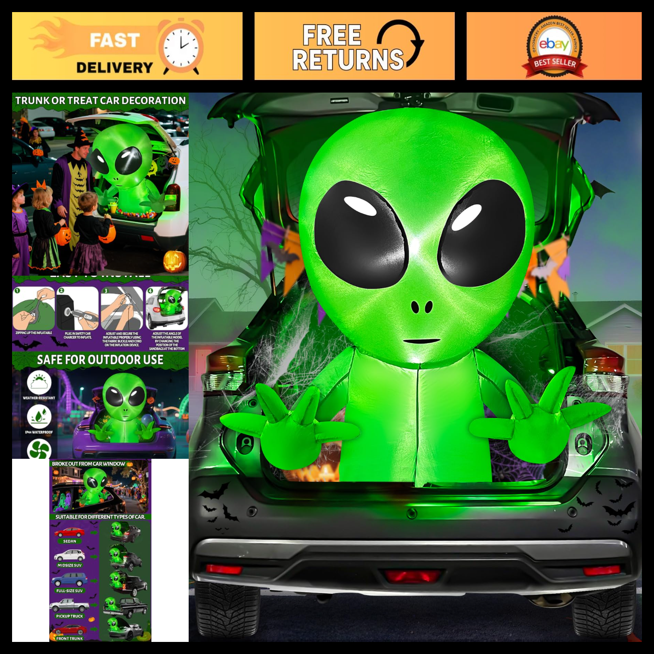 Halloween Inflatable Alien Car Decorations Kit - 3 FT Trunk or Treat ...