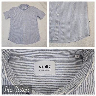 NN07 No Nationality Shirt Mens Blue Size Medium Stripe 100% Cotton Short Sleeve