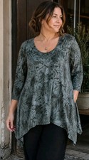 Karen Kane Textured Burnout Velvet Asymmetrical Tunic Top Olive Green Floral 2X