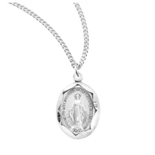 Sterling Silver Oval Fancy Edge Miraculous Medal Pendant Necklace, 18" Chain