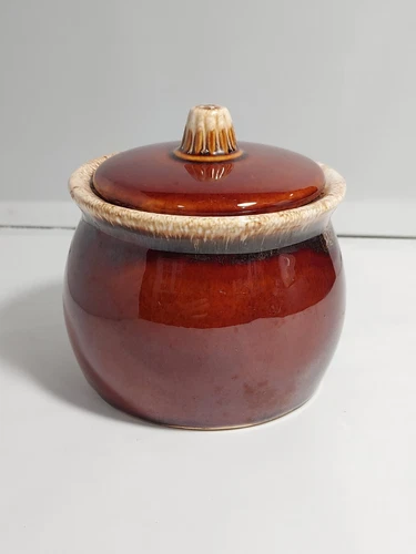 Vintage Hull USA Sugar Bowl with Lid Brown Drip Pottery Glaze Ovenproof 4"
