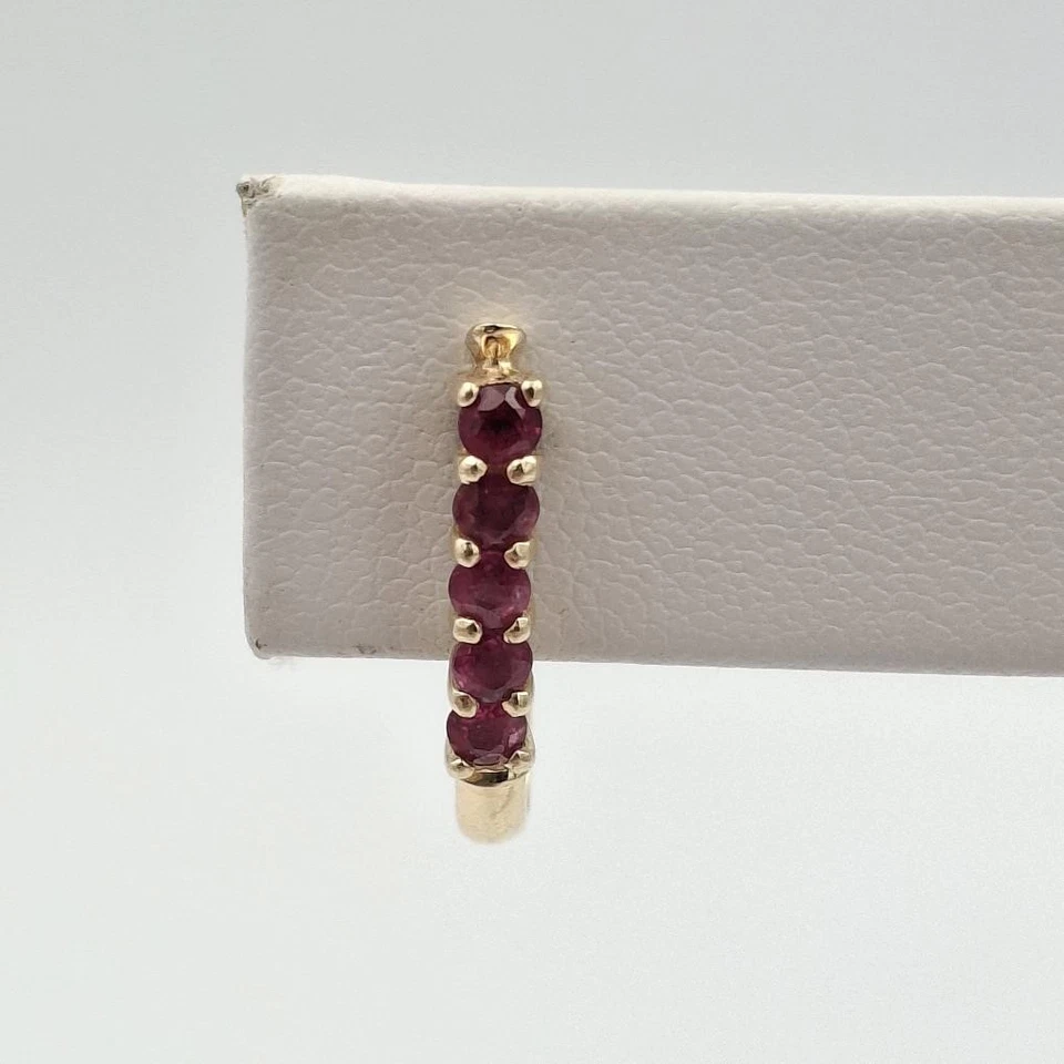 14K Yellow Gold Round Ruby Row Half Hoop Claw Hook Huggie Illusion Earrings - Image 4 of 4