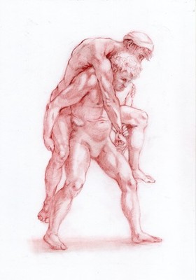 Young Man Carrying Old Man Study after Raphael - Hand-Drawn Pastel A4 by Mariia