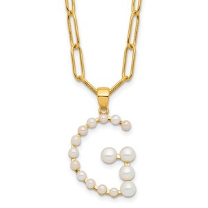 Authentic Sterling Silver Gold-plated 3-5.5mm White Cultured Pearl LETTER G Necklace 18"