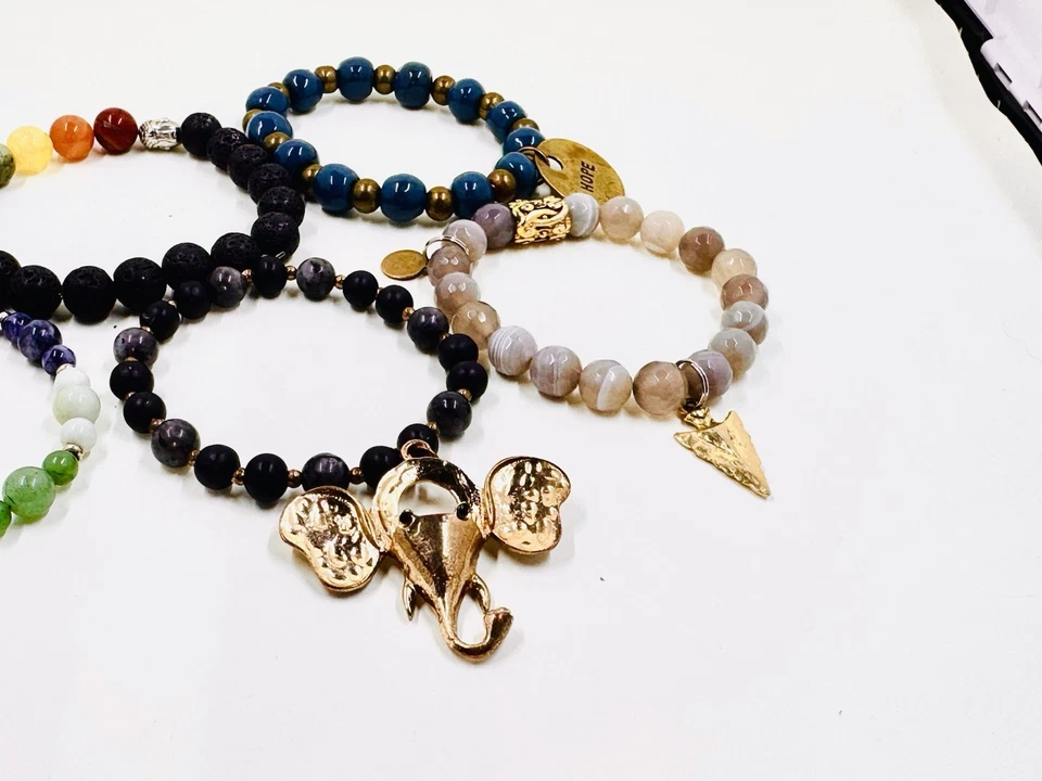 Juego de 5 pulseras de piedra natural de vidrio y cuentas dijes elefante arco iris Foto 3 de 4