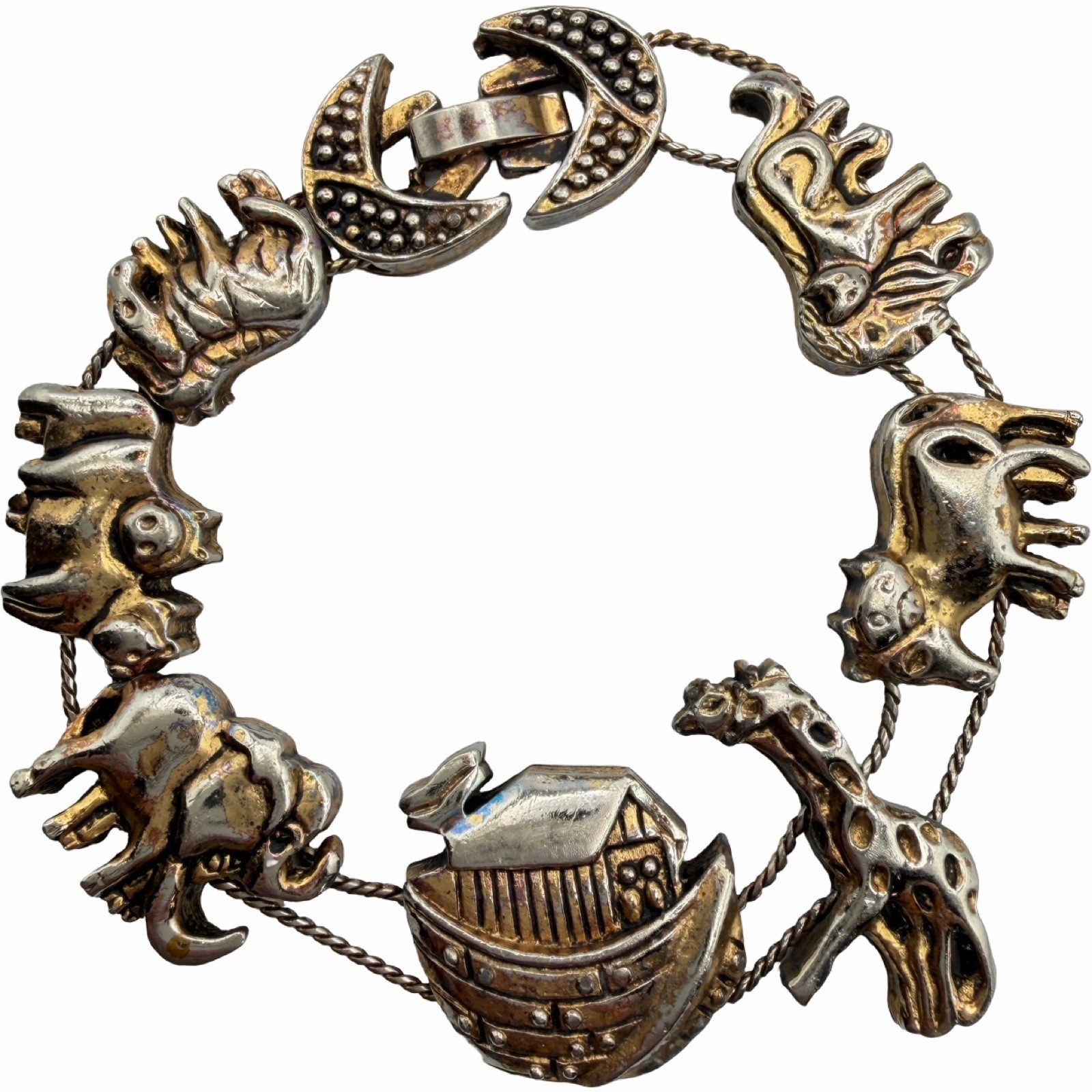 Vintage Noah’s Ark Animal Charm Bracelet Two Tone Gold Silver Tone
