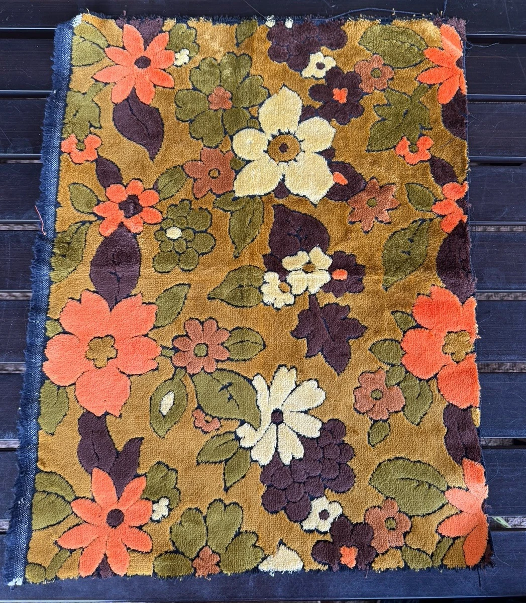 70s Upholstery Fabric 16.5 x 21” Flower Orange Brown Green Ivory Velvet-Like VTG