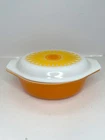 Vintage Pyrex #043, 1 1/2 Qt, Oval Orange Casserole dish with Sunflower lid