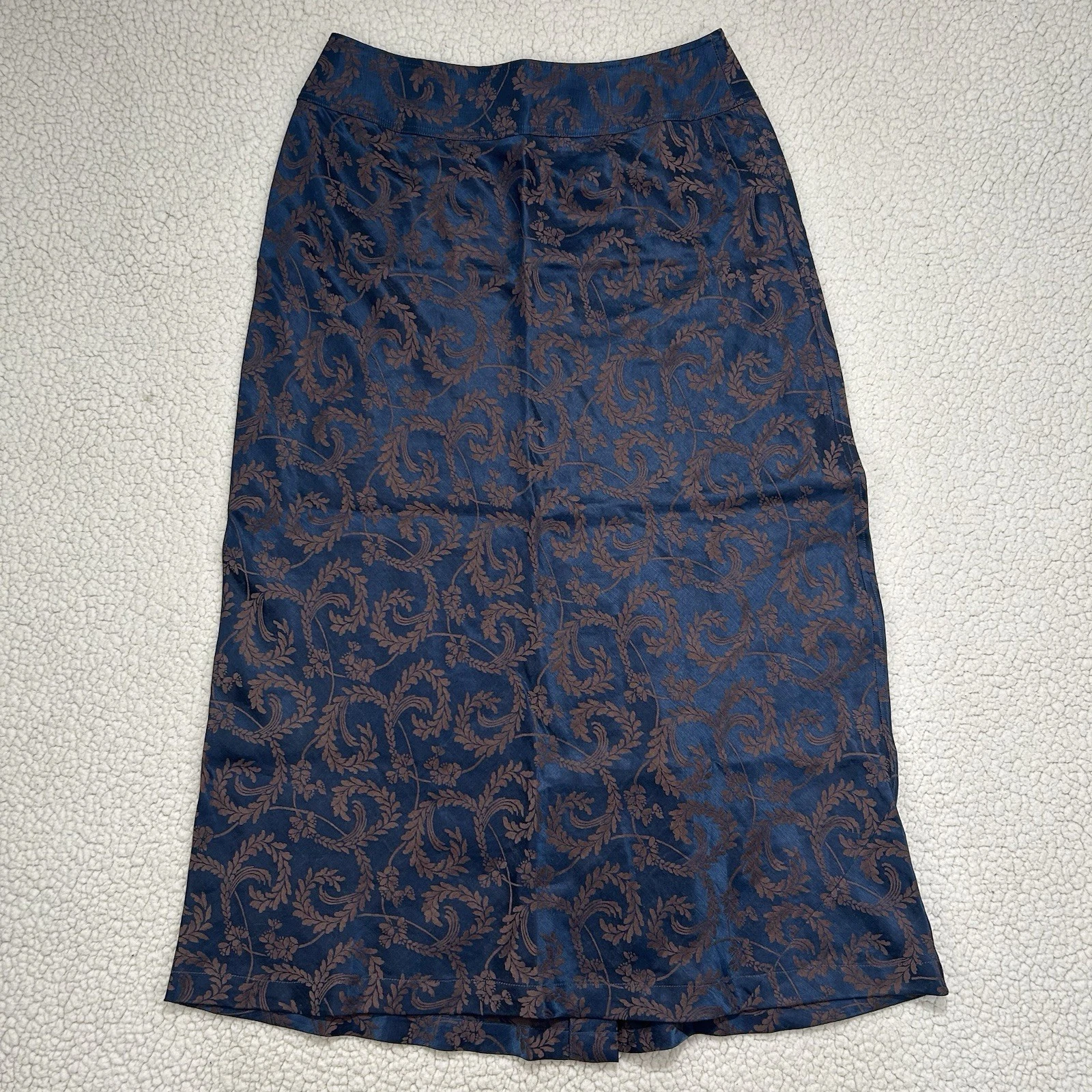 Vintage J Jill Silk Linen Blend Midi Skirt Sz 12 A-Line Navy Burgundy Jacquard