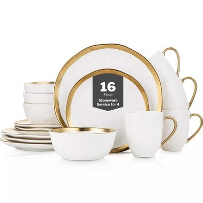 Stone Lain Modern Poreclain 16 Piece Dinnerware Set, Rim Gold And White