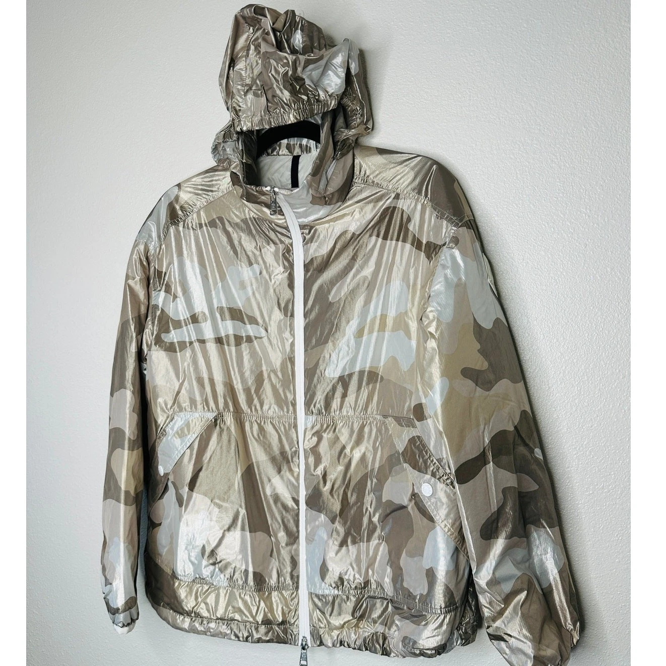Moncler Menchib Metallic Camo Hooded Jacket Sand Cream Lightweight Zip Coat