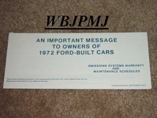 1972 Mustang Factory Original Emissions Warranty and Maintenance Schedule