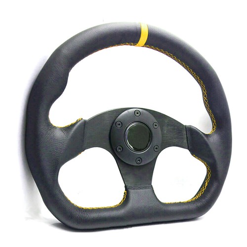 32 cm negro/amarillo plano cuero genuino universal deportivo carreras volante de deriva - Imagen 3 de 3
