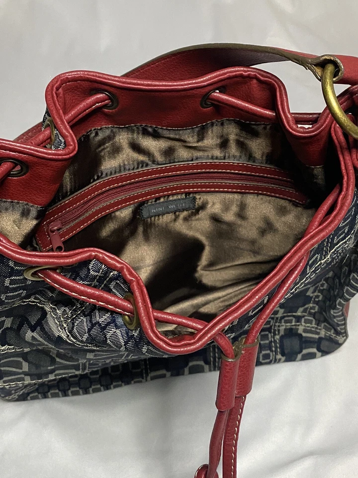 Y2K девять West джинсовой ткани сумка с короткими ручками красный искусственной кожи отделки шнурка наплечная сумка лоскутное одеяло - Изображение 4 из 4