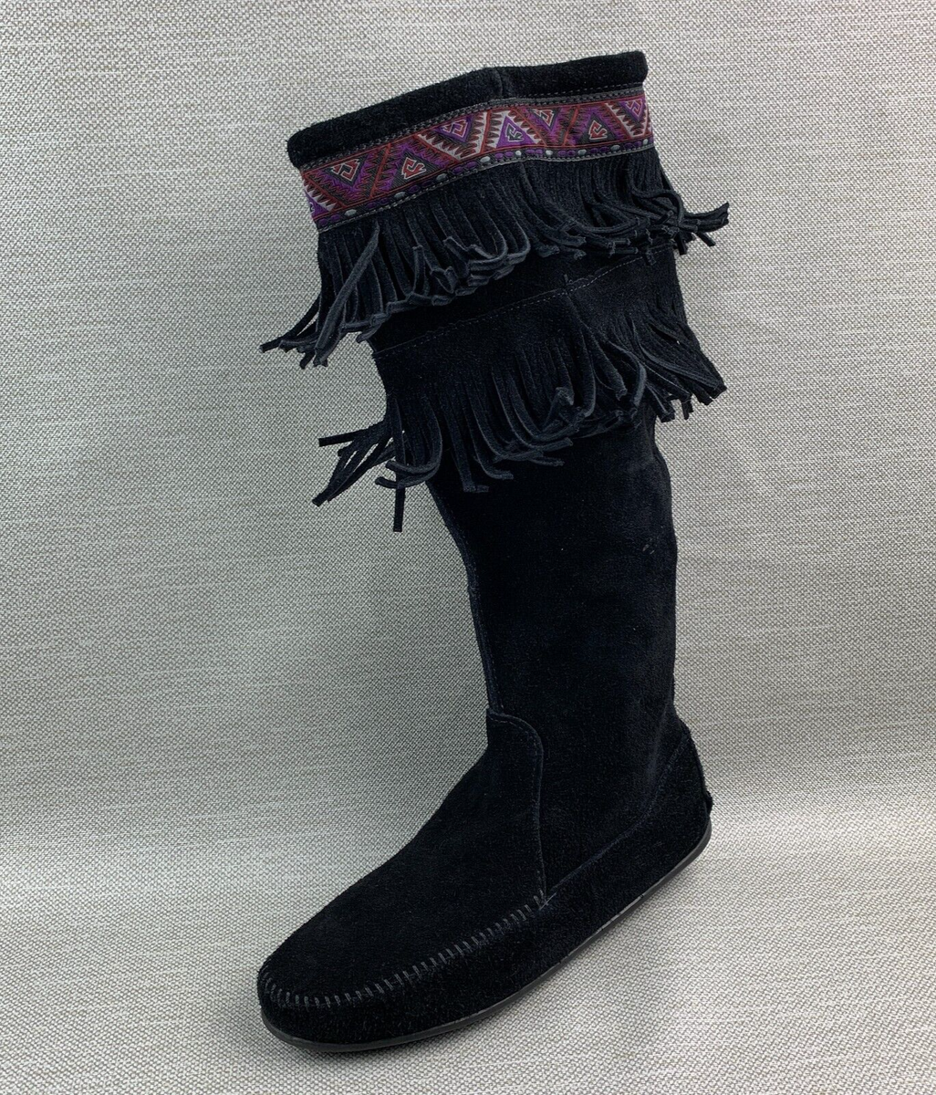 Minnetonka Boots Knee High Black Leather Suede Moc Toe Layer